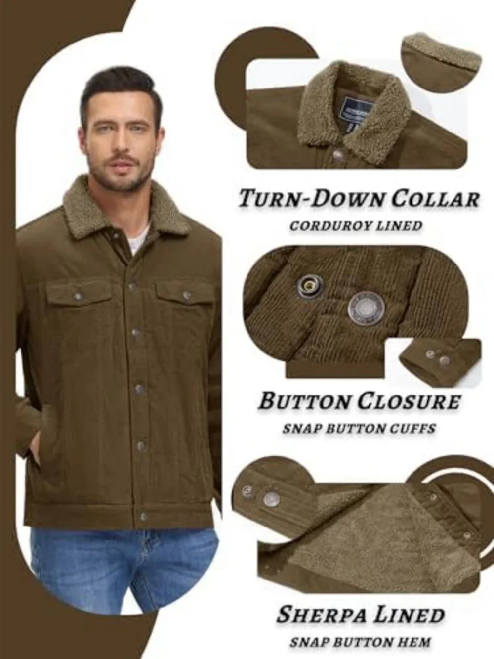 Men's Sherpa Lined Corduroy Jacket | Fleece Coat with 5 Pockets, Warm & Stylish